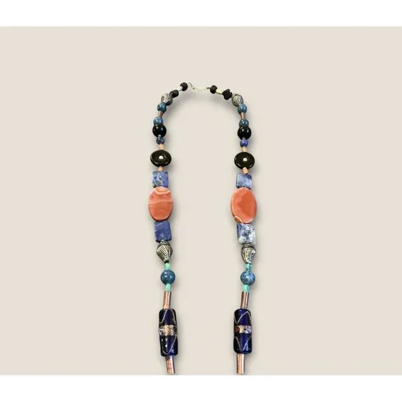 Handmade  Sterling Mixed Media Beaded Necklace With Dichroic Glass & Stone Penda - Picture 5 of 9